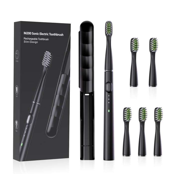 M200 IPX7 Waterproof Smart Timing Portable Electric Toothbrush with 6-brush Heads(Black)