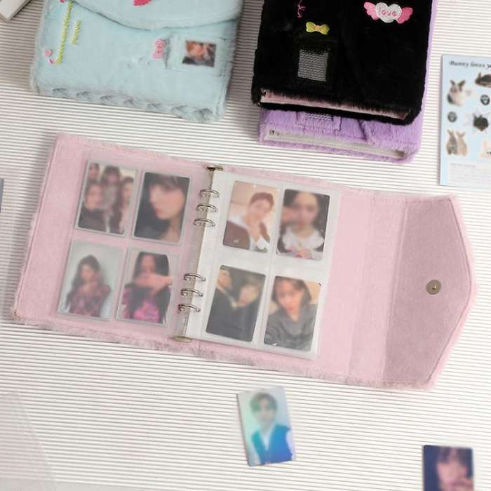 Hisocute Embroidered Plush Six Hole Magnetic Album A5 Card Album Binder Student Storage Booklet(B...