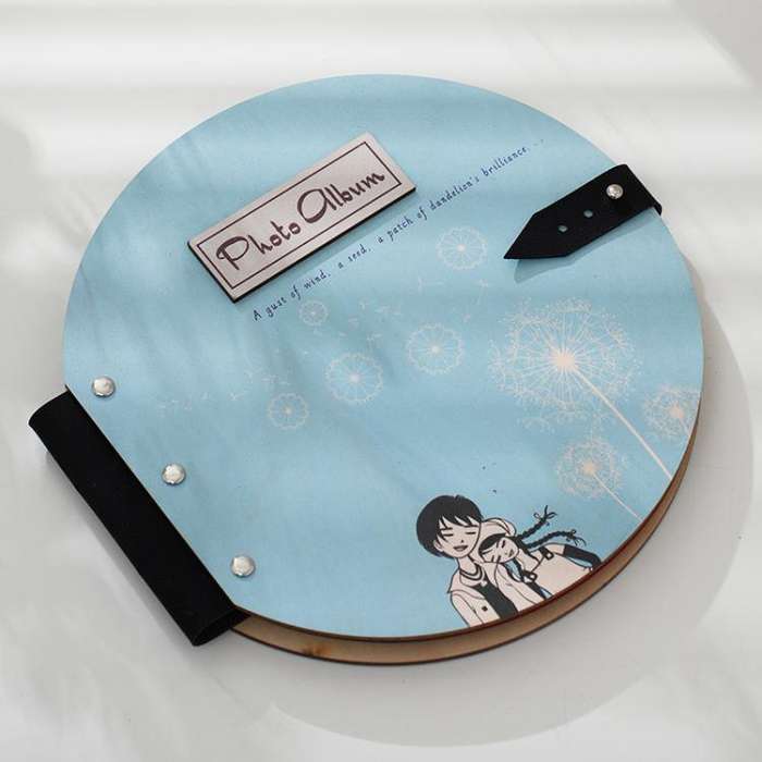 Wooden Round Photo Album Memorial Album Kids Growth Photobooks Cartoon DIY Scrapbook, Style: Pale...
