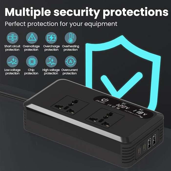 Gurxun Dual Digital Display Car Inverter With 2 USB+2 Type-C Ports Universal Plug 220V