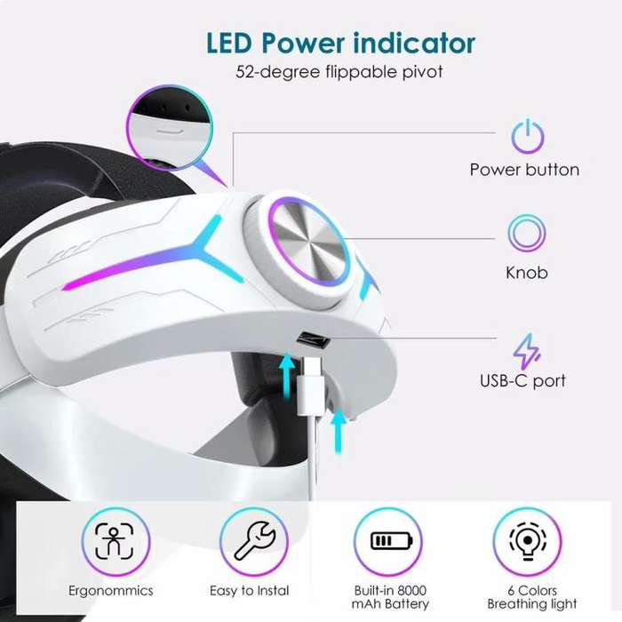 For Quest 2 VR RGB Head Strap Adjustable Headband Built-in 8000 mAh Battery(Gaming White)