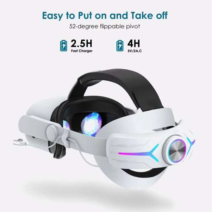 For Quest 2 VR RGB Head Strap Adjustable Headband Built-in 8000 mAh Battery(Gaming White)
