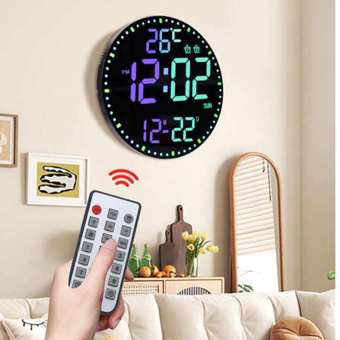 11.6-Inch RGB Wall Clock With Remote Control Multi-Functional Alarm Clock Black+Black