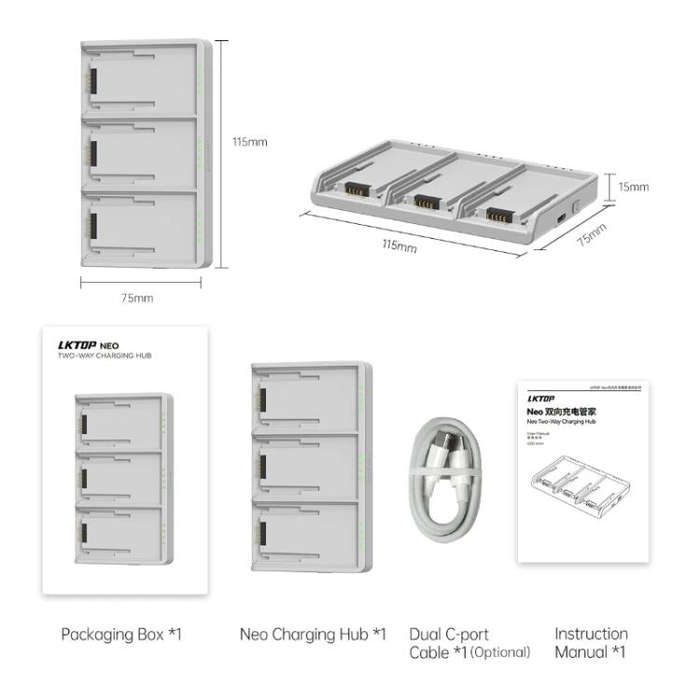 For DJI Neo Battery LKTOP Three-Way Charger 65W Fast Charging Hub(Gray)