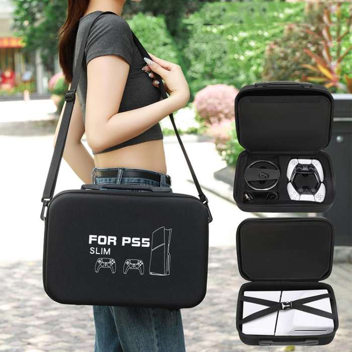BKANO For Sony PS5 Slim Storage Bag Hard-Shell Shoulder Suitcase Storage Case(Black)