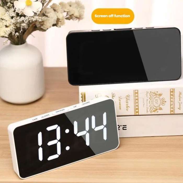 LED Mirror Digital Clock with Type-C Charging Port & 18650 Battery Compartment (Battery Not Inclu...