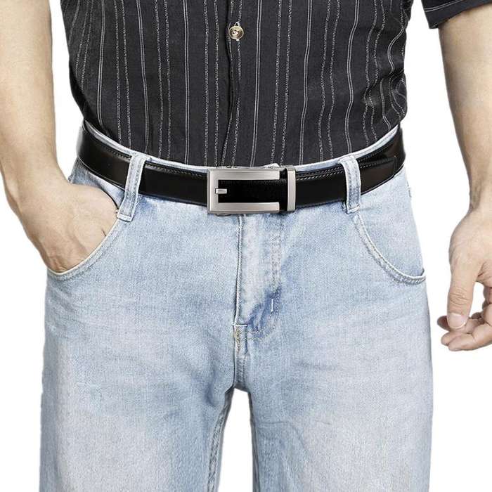 Dandali Men Leather Automatic Buckle Belt, Length: 115cm(Silver)
