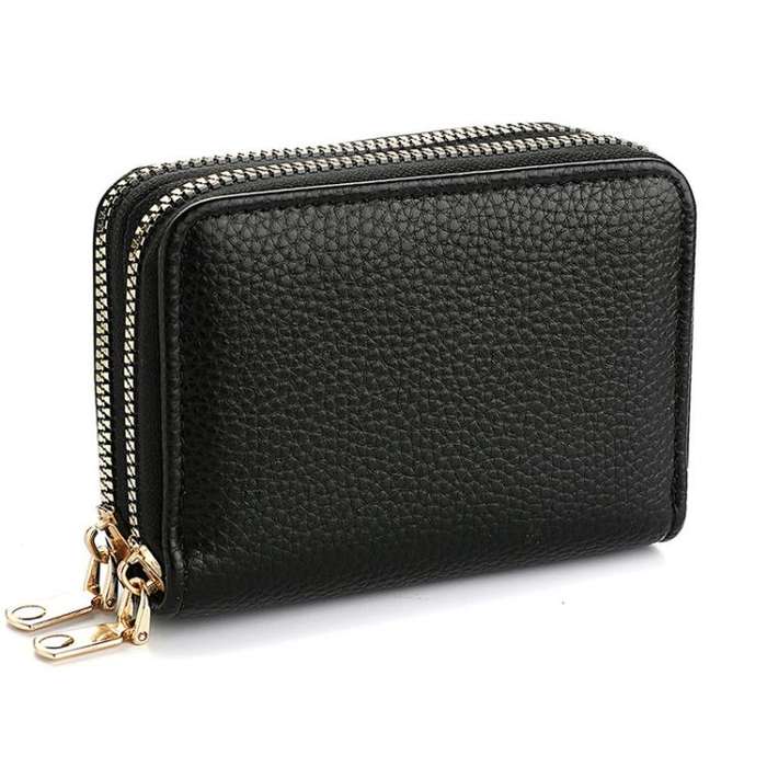 Multi-Function Organ Card Bag Double Zipper Women Wallet Large Capacity PU Card Holder(Black)