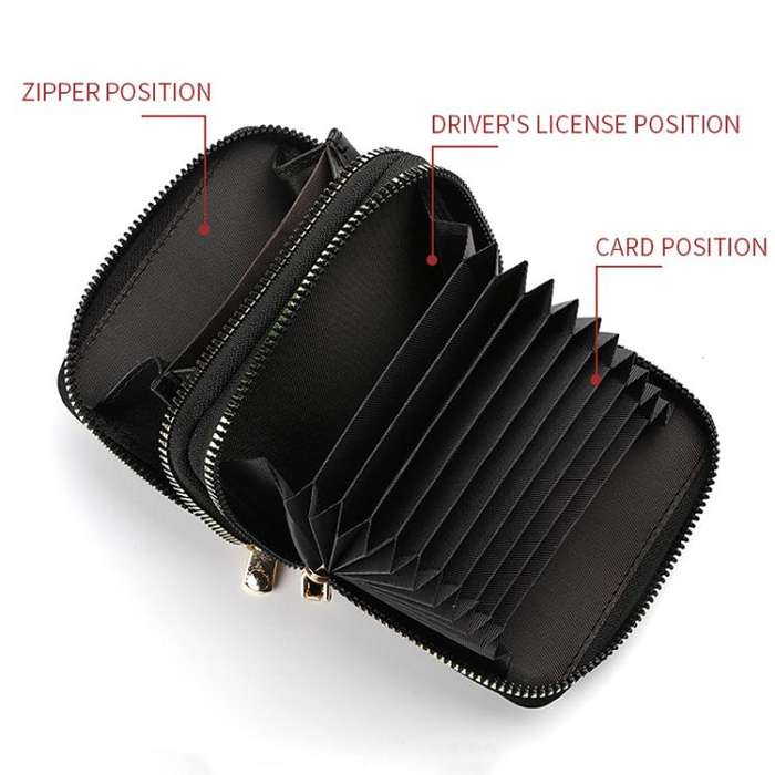 Multi-Function Organ Card Bag Double Zipper Women Wallet Large Capacity PU Card Holder(Black)