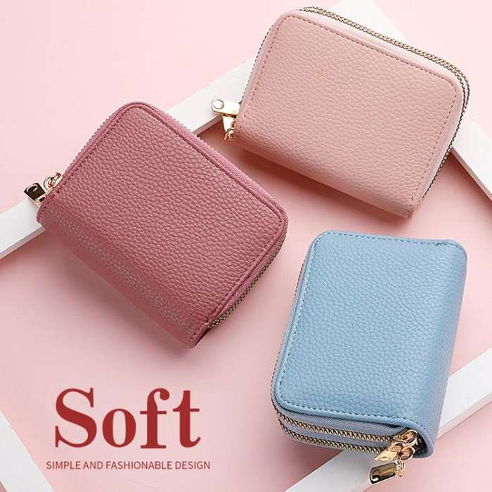 Multi-Function Organ Card Bag Double Zipper Women Wallet Large Capacity PU Card Holder(Black)