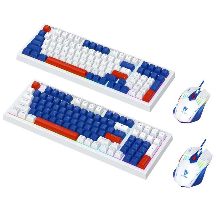 T-WOLF  TF610 USB-C/Type-C Wired 98 Keys Keyboard and Mouse Combo Dual-Tone Keycaps Gaming Set(Bl...