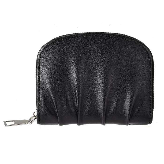 Women Wallet Pleated Sense PU Zipper Short Wallet Simple Solid Color Coin Purse(Black)