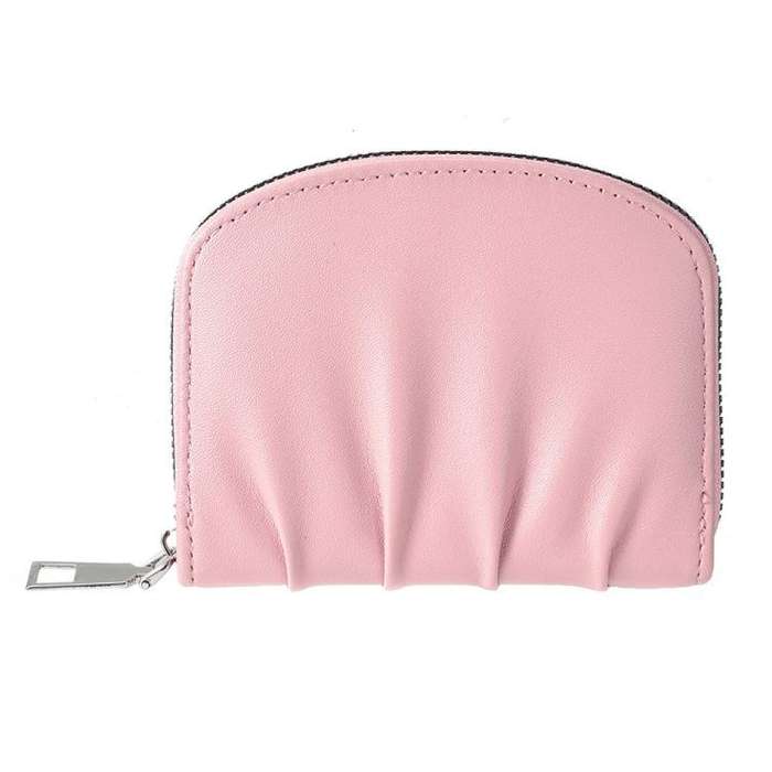 Women Wallet Pleated Sense PU Zipper Short Wallet Simple Solid Color Coin Purse(Pink)