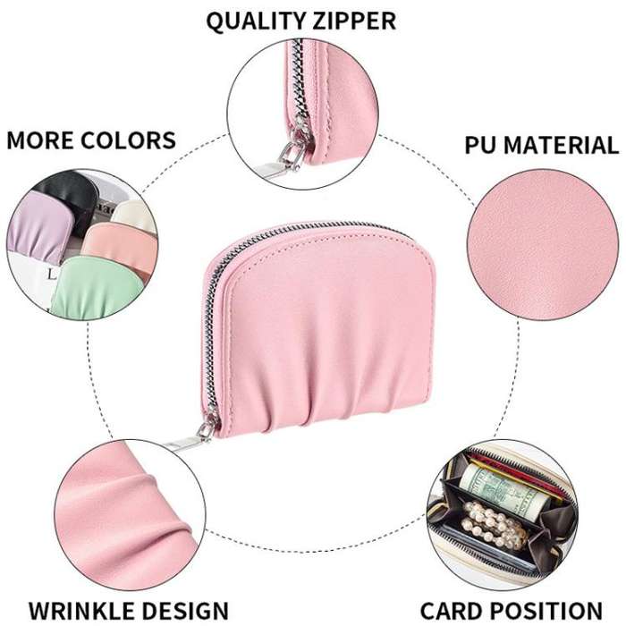 Women Wallet Pleated Sense PU Zipper Short Wallet Simple Solid Color Coin Purse(Black)