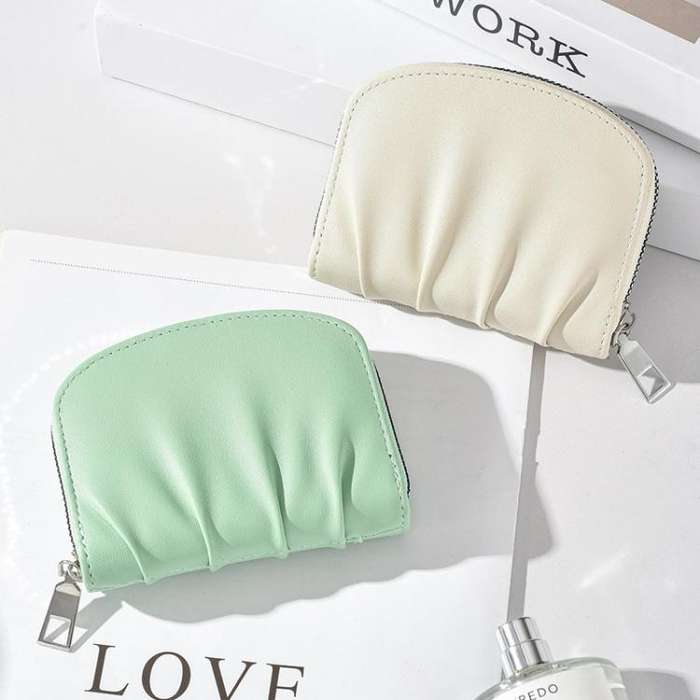 Women Wallet Pleated Sense PU Zipper Short Wallet Simple Solid Color Coin Purse(Black)