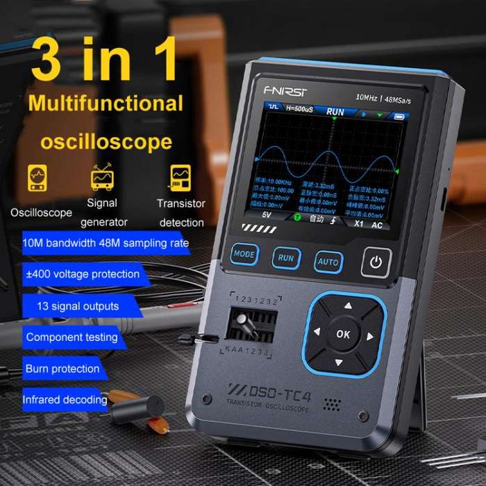 FNIRSI DSO-TC4 3 In 1 Oscilloscope Transistor Tester Signal Generator 10M Bandwidth Burn-In Proof