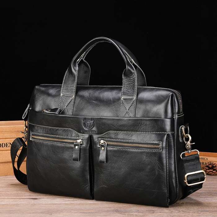BULL CAPTAIN 056 Large Capacity Top Layer Cowhide Retro Business Hand-Held Briefcase(Black)