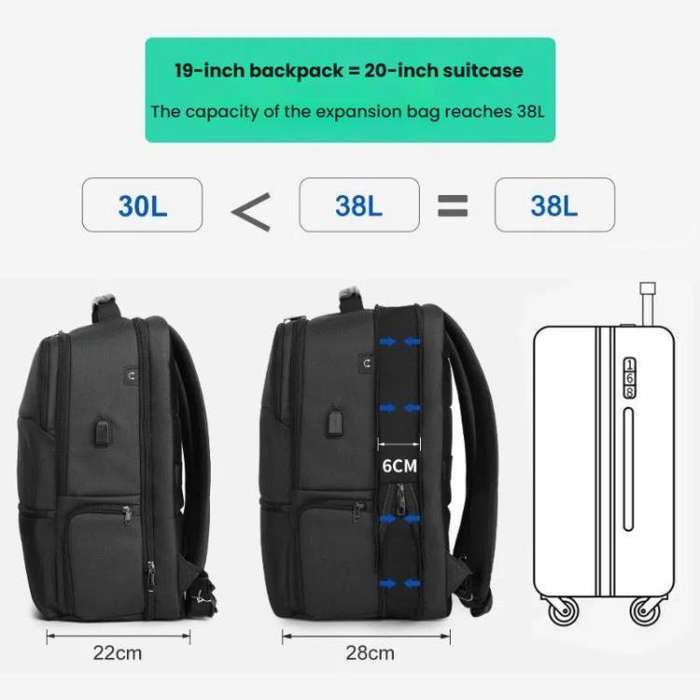 Tigernu 19-inch Expandable Men Anti-Theft Laptop Backpack with USB Charging Port, Headphone Hole ...
