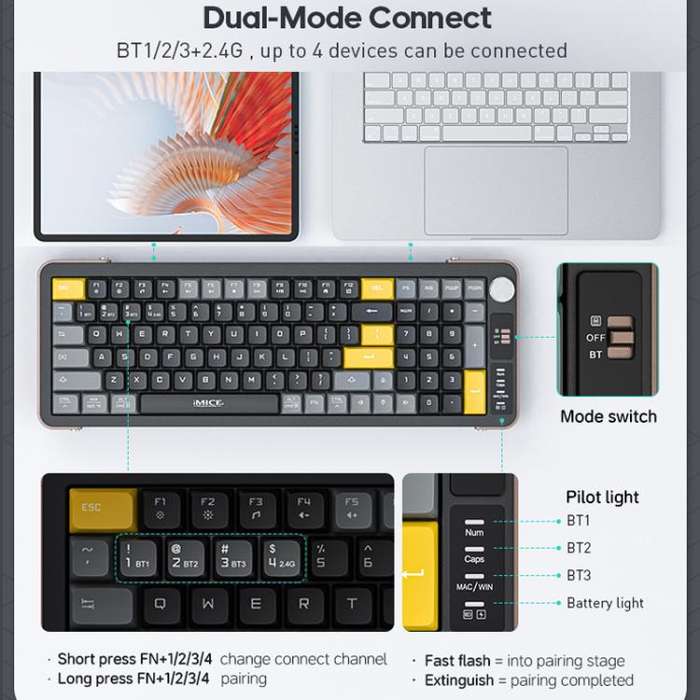 IMICE AN-800 Wireless Bluetooth Dual Mode Scissor Foot Structure Silent Keyboard(White Gray Orange)