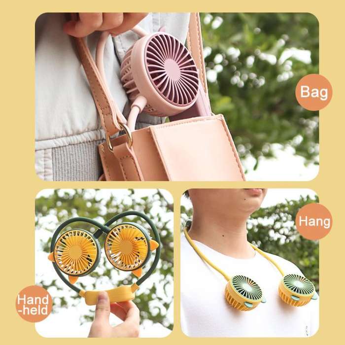 Outdoor Folding Mini Neck Fan Portable USB Rechargeable Summer Gift Fan, Color: Bear Green