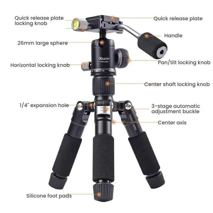 XILETU FM5C-MINI Adjustable 16.5-51cm Aluminum Tripod with 26mm Ball Head 6kg Load Capacity for 3...
