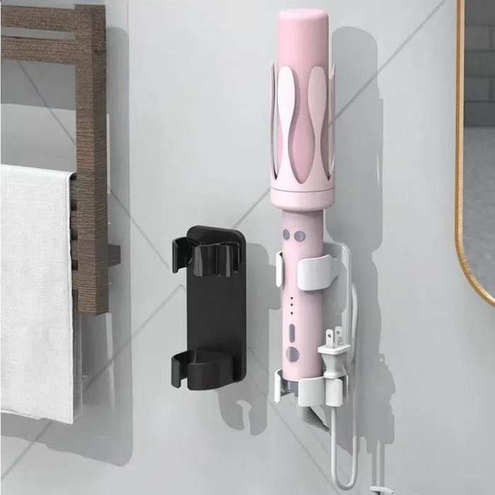 Bathroom Wall-Mounted Curling Iron Organizer Holder with Adjustable Clamps Built-In Cord Wrap(White)