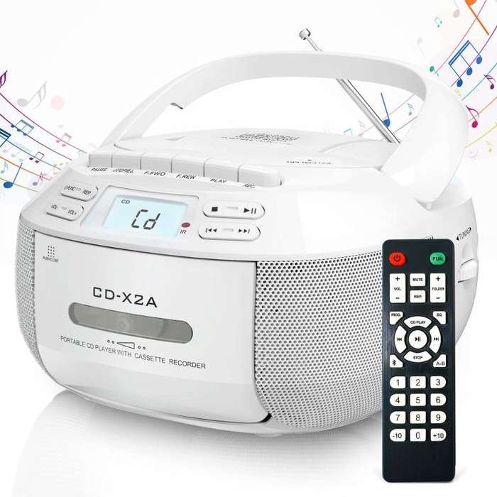 X2A Portable Cassette Player Stereo Bluetooth AM/FM/MP3 Music CD Player Tape Recorder EU Plug(White)