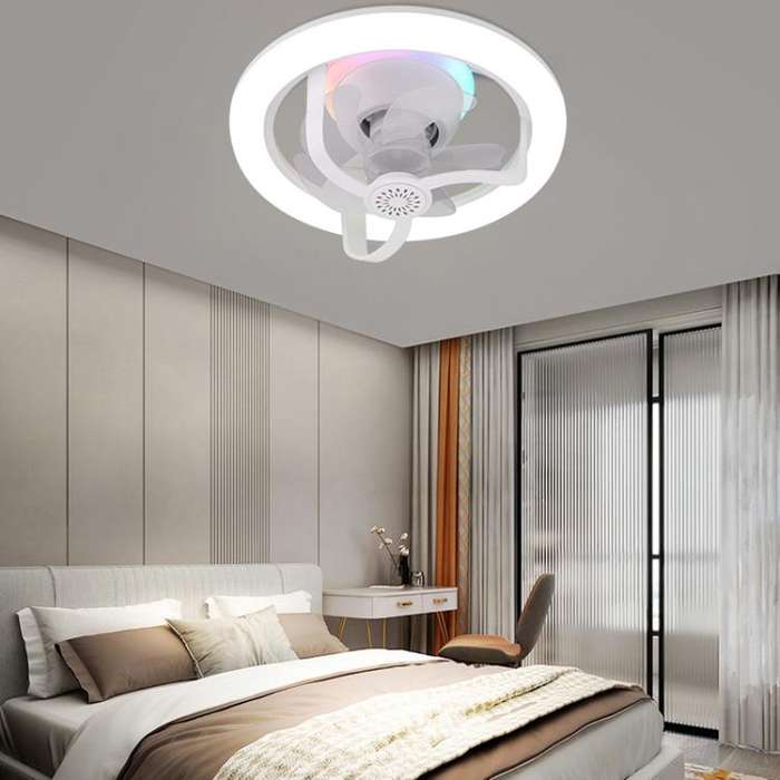 50W Ceiling Fan Light With E27 Socket 3 Speeds Adjustable RGB LED Strip(White)