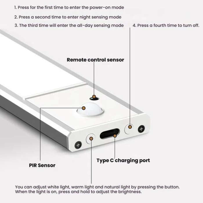 80cm Rechargeable Motion Sensor Light Bar Cabinet Wardrobe Lamp With Remote Control Silver