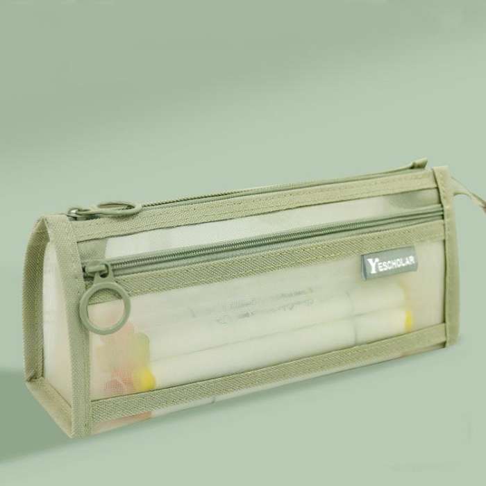 Large Capacity Double-Layer Mesh Pencil Case Triangular Base Design Exam Accessory Pouch(Green)