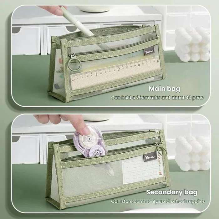 Large Capacity Double-Layer Mesh Pencil Case Triangular Base Design Exam Accessory Pouch(Green)