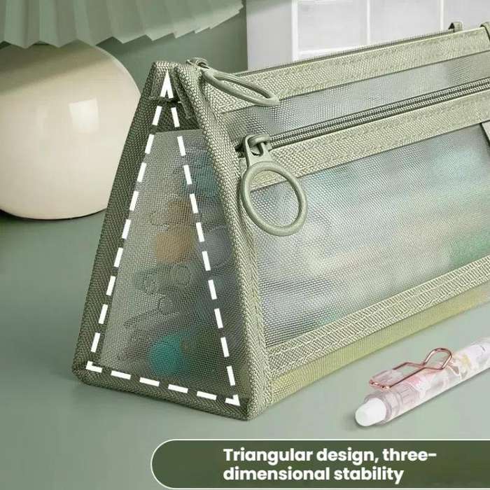Large Capacity Double-Layer Mesh Pencil Case Triangular Base Design Exam Accessory Pouch(Light Co...