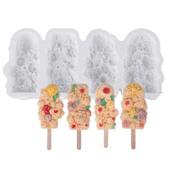 4 Grids Flower Ice Cream Silicone Mold Home Use Food-Grade Ice Pop Mold(White)