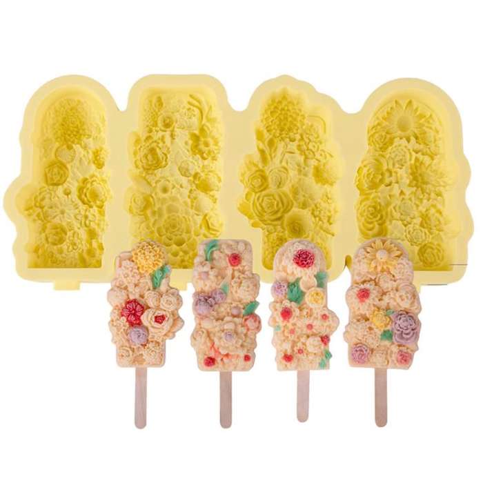 4 Grids Flower Ice Cream Silicone Mold Home Use Food-Grade Ice Pop Mold(Yellow)