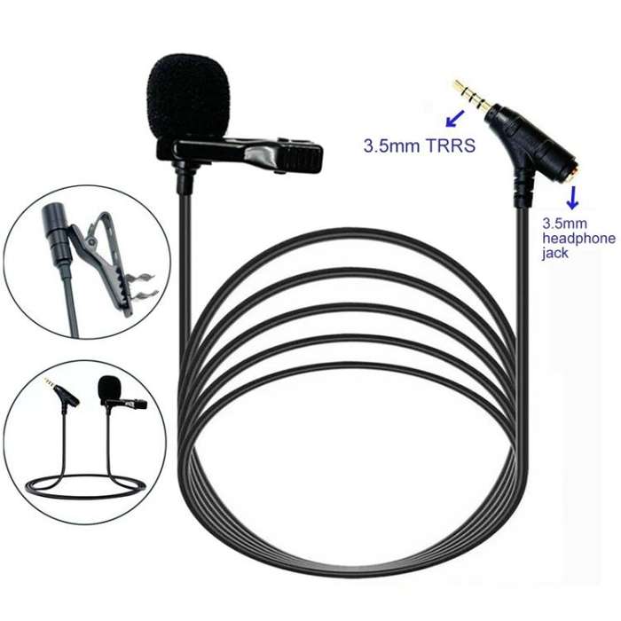 3.5mm TRRS Lavalier Microphone with Earphone Monitoring Jack Clip-on Lapel Mic 3m