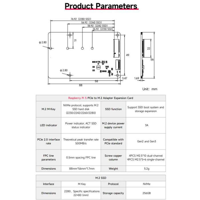 Yahboom PCIe To M.2 Adapter Expansion Board For Raspberry Pi 5 NVMe Expansion Board, Spec: Separa...