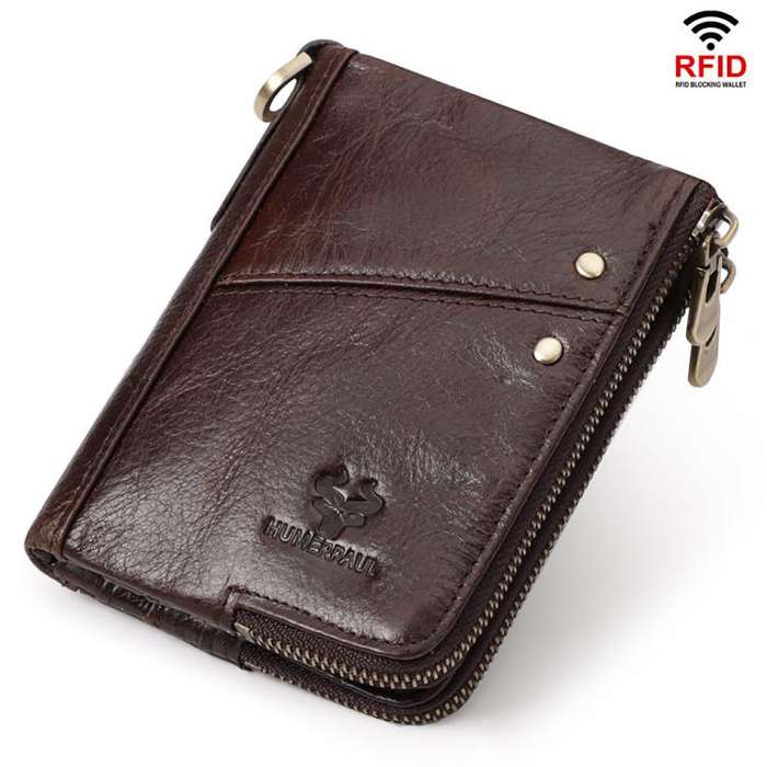 HUMERPAUL BP852 RFID Leather Anti-Theft Wallet Short Double Zipper Wallet(Brown)