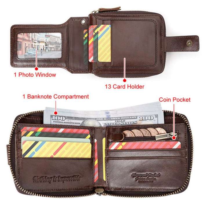HUMERPAUL BP735 Leather Horizontal Zipper Wallet Multiple Card Slots RFID Anti-Theft Protection M...