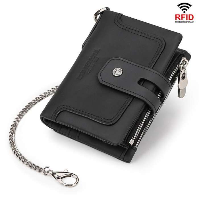 HUMERPAUL BP778 Short Leather Wallet RFID Tri-fold Double Zipper Coin Purse(Black)