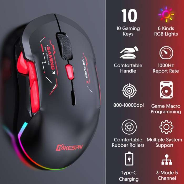 MKESPN W12 Tri-Mode 5-Channel Gaming Mouse 10-Key 10000 DPI Ambidextrous Design RGB Macro Mouse(B...