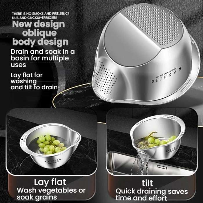 Kacheeg 304 Stainless Steel Multi-Purpose Colander, Vegetable & Rice Strainer, Washing Basket 24cm