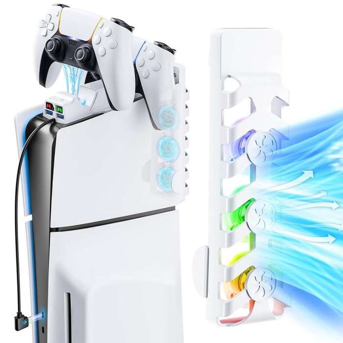 For PS5 Slim Controller 2-in-1 Charging Station Cooling Fan With RGB Lighting(White)
