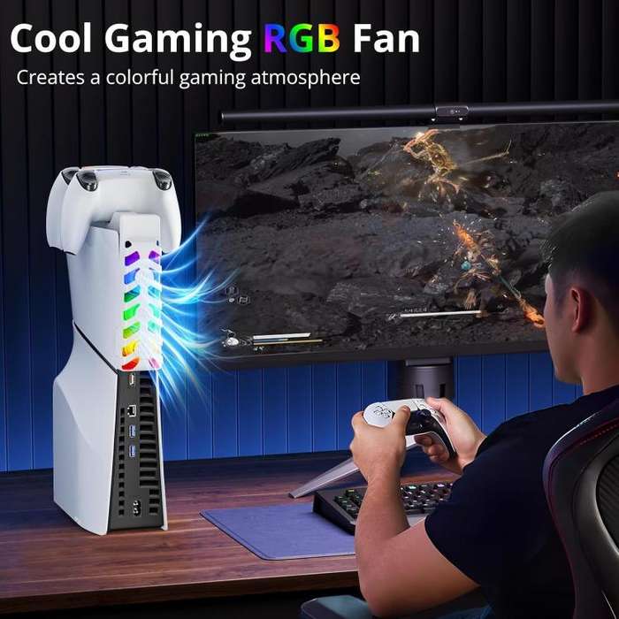 For PS5 Slim Controller 2-in-1 Charging Station Cooling Fan With RGB Lighting(White)