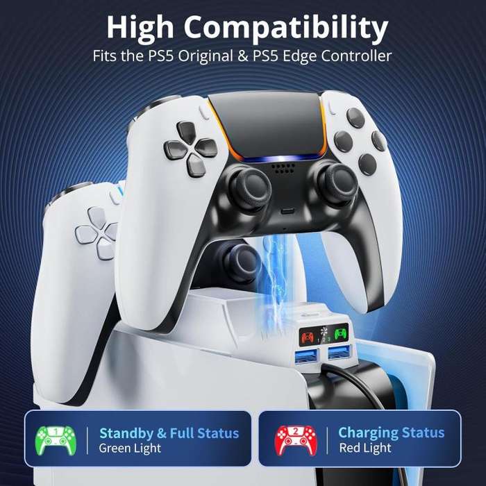 For PS5 Slim Controller 2-in-1 Charging Station Cooling Fan With RGB Lighting(White)