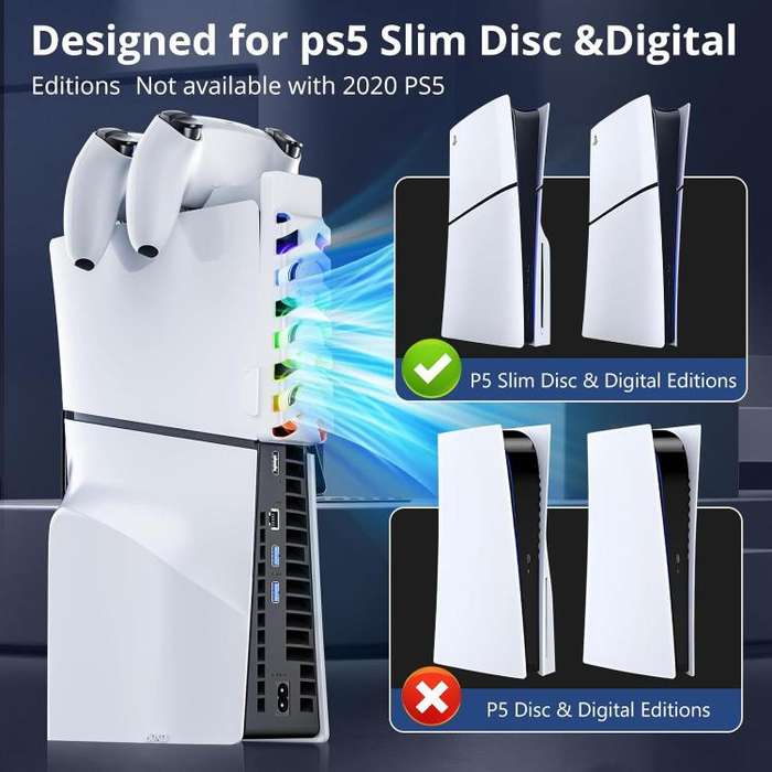 For PS5 Slim Controller 2-in-1 Charging Station Cooling Fan With RGB Lighting(White)