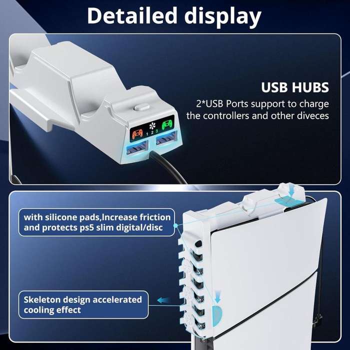 For PS5 Slim Controller 2-in-1 Charging Station Cooling Fan With RGB Lighting(White)