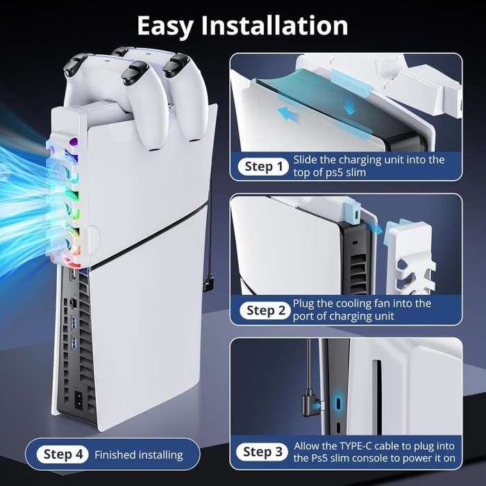 For PS5 Slim Controller 2-in-1 Charging Station Cooling Fan With RGB Lighting(White)