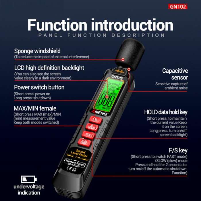 ANENG Sound Decibel Tester Volume Sound Level Noise Meter(No Battery)