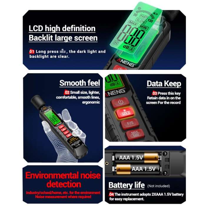 ANENG Sound Decibel Tester Volume Sound Level Noise Meter(No Battery)