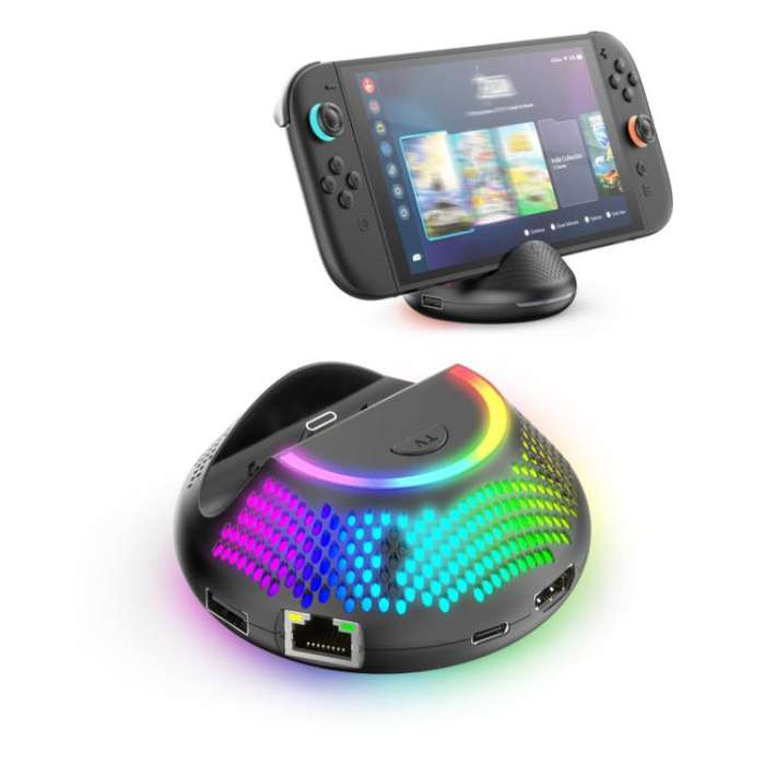 For Nintendo Switch 2 JYS 4K 60Hz TV Dock 5-In-1 HUB With Gigabit Ethernet Port RGB Ambient Lighting